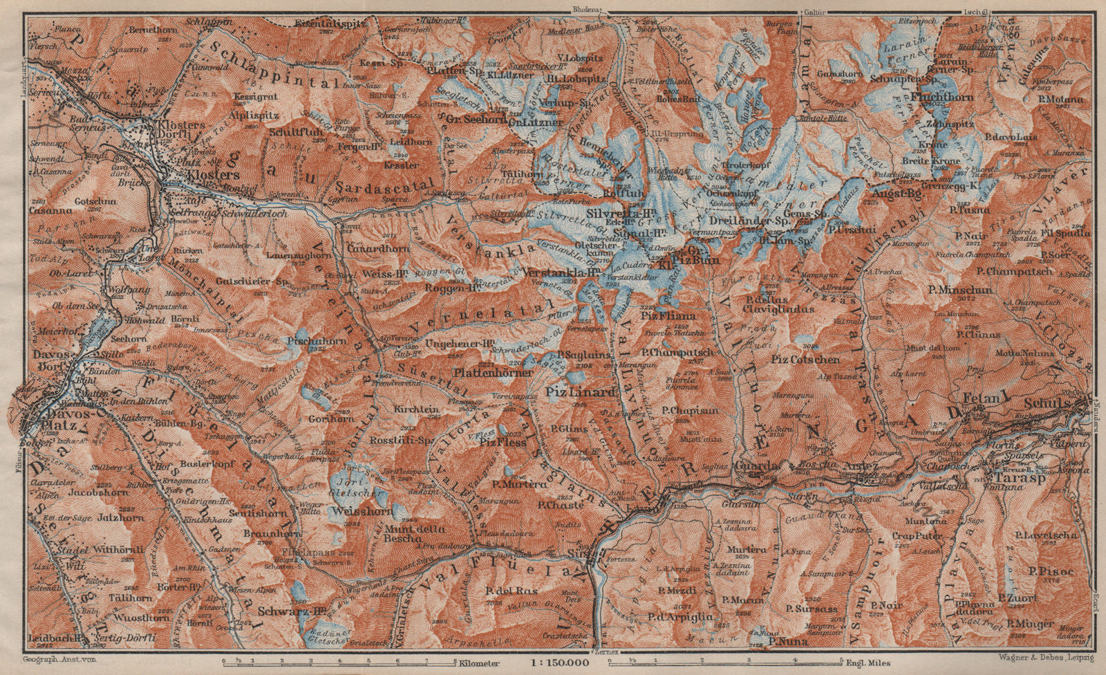 SILVRETTA GROUP. Klosters Davos Ftan Scuol Fluchthorn Lower Engadin 1913 map